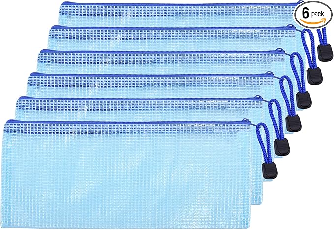6 Pcs 4.13" x 9.25" Bills Sizes Mesh Zipper Pouch Bags, Mesh Bags with Zipper，Waterproof Clear document pouch for Organization Puzzles Travel, Office, Classroom Organization, Bills Blue