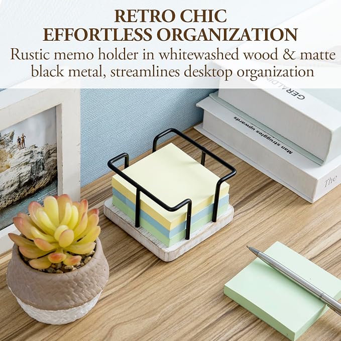 MyGift Shabby Whitewashed Solid Wood and Industrial Matte Black Metal Wire Sticky Note Cube Holder, Office Desktop Self Adhesive Memo Pad Storage Dispenser