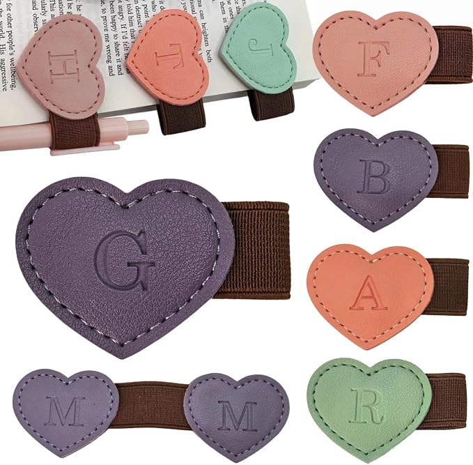 Personalized Magnetic Leather Heart Bookmark with Pen Holder - 26 Letters Custom Book Mark Notebook Pencil Loop with Initial Book Marker for Readers, Book Lovers- Gifts for Women Men(Purple,G)