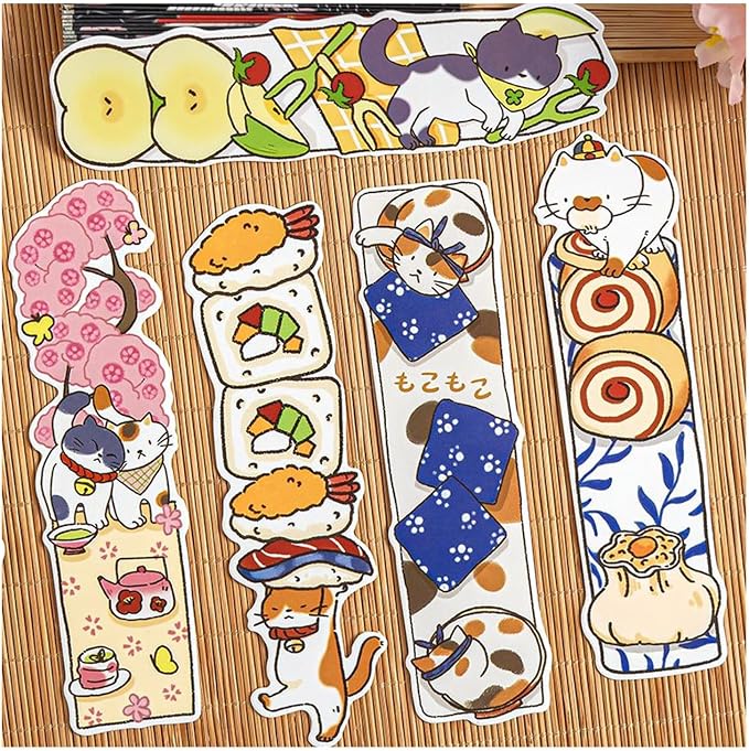 Cute Funny Animal Theme Colorful Bookmarks, 30 PCS (Cat's Delicious Adventure)