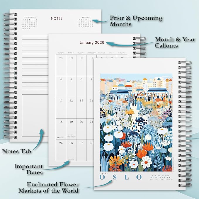 The Art of Blooms 2026 Weekly & Monthly Planner, 12-Month Calendar with Botanical Artwork & Travel-Inspired Illustrations, 2026, 6" × 9"