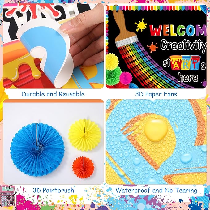 Pasimy Art Painting Bulletin Board Decorations Welcome Back Art Classroom Decor Rainbow Paintbrush Cutouts DIY Crepe Paper Rolls with Colorful Paper Fans for Wall Door Back to School Supplies