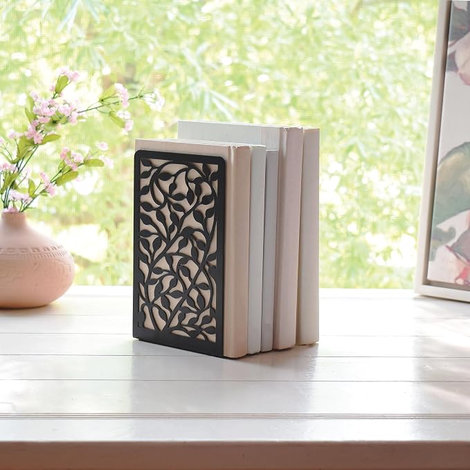 CNK Book Ends for Shelves - Metal Holders for Home Office Heavy Books, Shelf Stoppers, Decorative Set of 2 Black Infinite Leaves Bookends