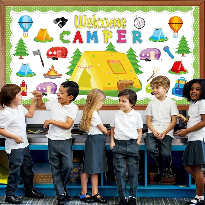 QOUBAI Camping Bulletin Board Set Happy Camper Trim Classroom Border Decorations VBS Tent Vintage Trailers Cutouts Welcome Camper for Back to School Summer Camping Nursery Chalkboard Wall Door Decor