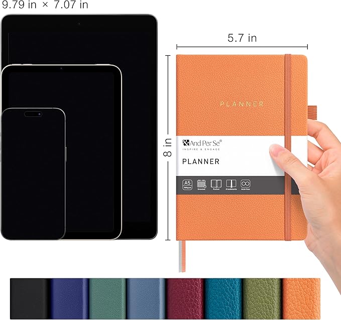 And Per Se Undated Weekly Planner 2026, A5 size Leather Hardcover Planner with Goals & Habit Tracker – ADHD Planner & Productivity Journal (Pumpkin Orange)