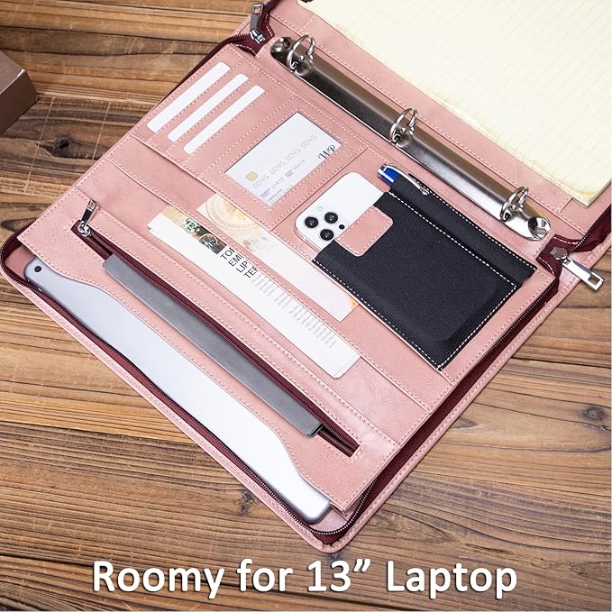 Personalized Leather Portfolio with 3 Ring Binder, Vegan Leather Padfolio Zippered, A4 Notebook Holder Customized Business Folder Organizer Gift for Women, Pink