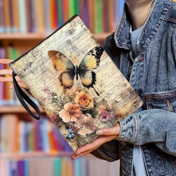 Vintage Floral Butterfly Book Cover, Waterproof Book Sleeve with Zippered Front Pocket Retro Flowers Book Pouch for Book Lovers, Christmas, Birthday, Graduation Gifts (Butterfly, Large)