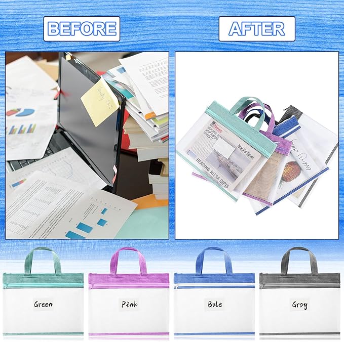 Zhehao 48 Pcs Student Book Pouches with Handle Document Bag Sew Project Bag for Quilting Mesh Zipper Pouch File Artwork Storage Organize for A4 Files, 14 x 11 Inch