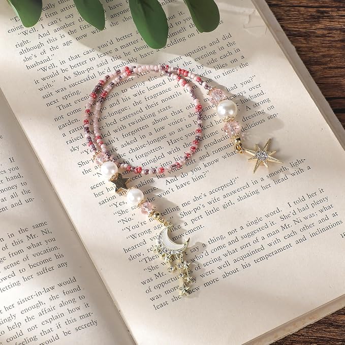 Moon Star Beaded Bookmark - Fantasy Crystal Bead Gold Chain Fantasy Bookmark, Reading Book Accessories for Men Women, Bookish Gift for Book Lovers, Students and Teachers