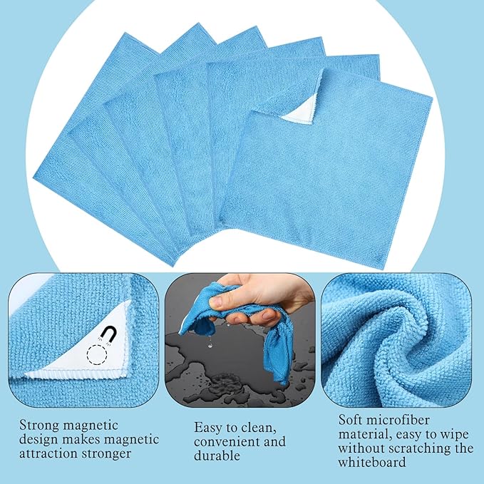 Fanfanwin 6 Pack Magnetic Microfiber Cleaning Cloth, Colorful Whiteboard Dry Erase, Magnetism Whiteboard Eraser for Blackboards Classroom Chalkboards Washable Home Office 10'' x 10''(Blue)