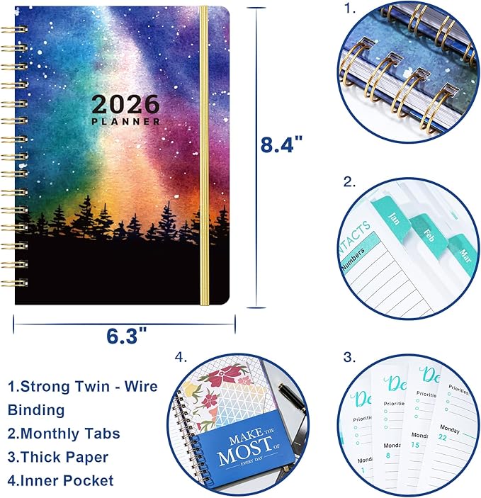 2026 Planner - 2026 Weekly and Monthly Planner, Jan 2026 - Dec 2026, 6.4" x 8.5", Marked Tabs, Back Pocket, Perfect Daily Organizer
