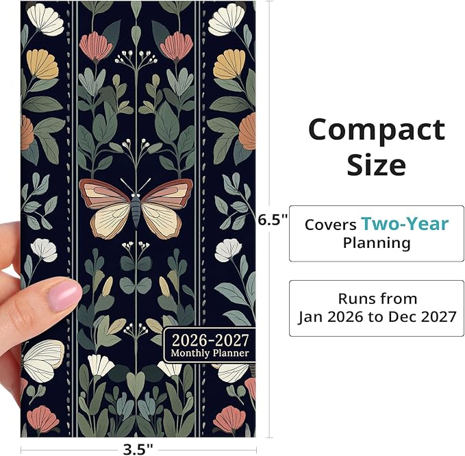 Pocket Calendar 2026-2027 for Purse, Two Year Monthly Planner Pocket Size, Jan 2026 to Dec 2027 Monthly Planner Small Size (6.5" x 3.5") - Butterfly Tapestry