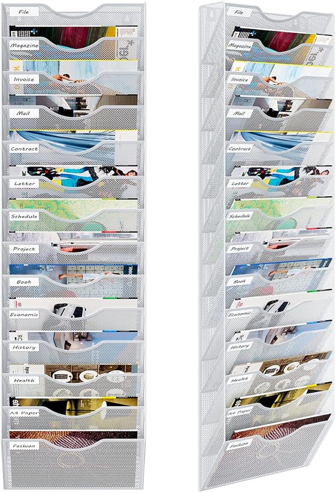 14 Pockets Hanging Wall File Organizer, Office Organization Wall Mount Mail Sorter Paper Holder Bill Organizer for Home, White