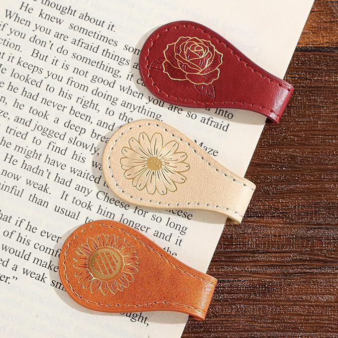 3PCS Vintage Magnetic Leather Bookmark, Leather Magnetic Bookmarks for Women, Magnetic PU Bookmarks Clip Book Accessories, Gilded Flower