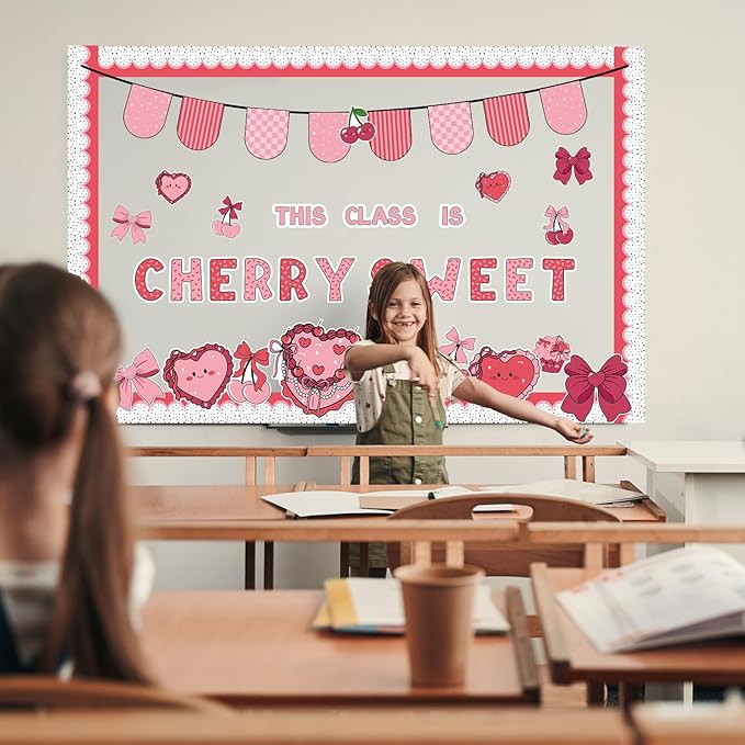 Gersoniel 55 Pcs Valentine's Day Bulletin Board Classroom Decorations Pink Cherry Sweet Bulletin Board Decorations Set Cutouts for Valentine's Chalkboard Wall Decor Supplies