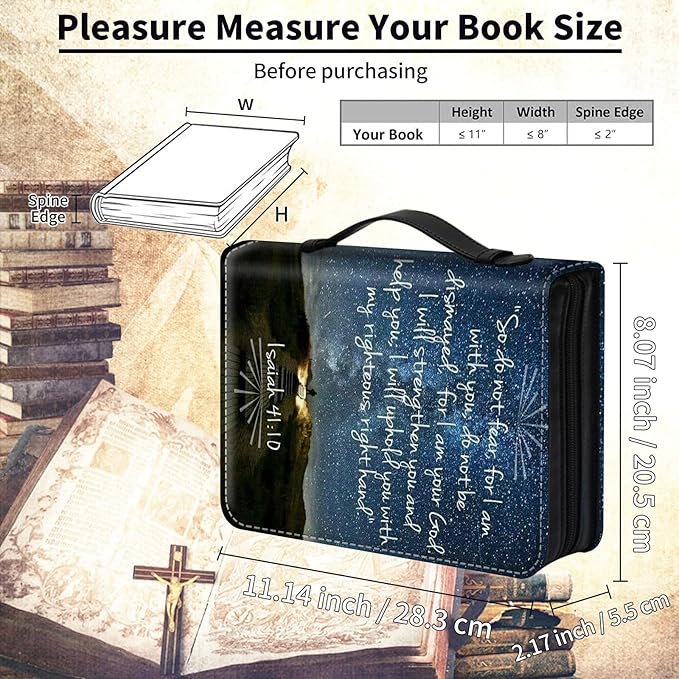 Bible Cover for Men,Large Leather Bible Case Fit Book Up to 11x8x2 Inch,Quotes Verse Isaiah 41:10 Bible Study Carrier Church Bags w/Handle & Zipper