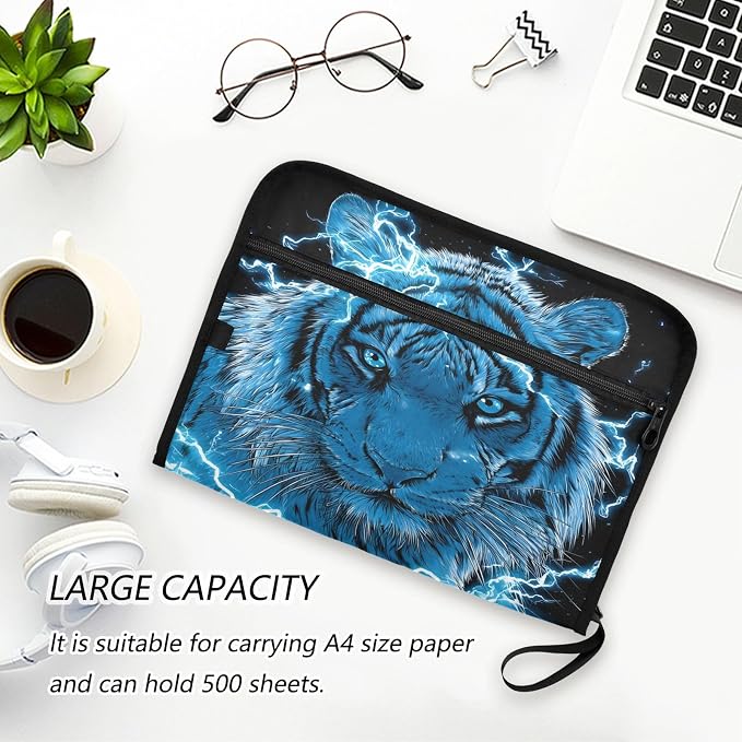 Blue Lighting Tiger Accordion File Organizer Expanding Document Folder with 13 Pockets Portable File Folder for A4 Letter Size