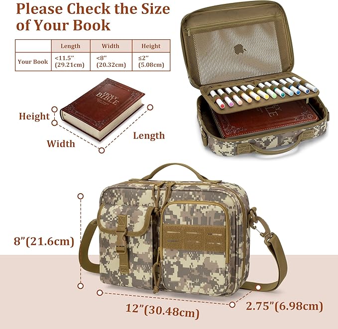 Damero Bible Cover for Men, Bible Carrying Case Church Bag with Multiple Pockets, Bible Case with Top Handle and Shoulder Strap, Camo