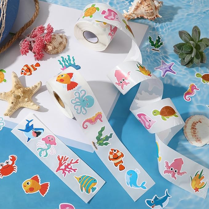 SANNIX 1200PCS Ocean Animal Stickers, 20 Styles Qcean Stickers Cartoon Sea Creature Sticker Fish Labels for Classroom Rewards Under The Sea Theme Party Computer Water Bottle Craft Supplies