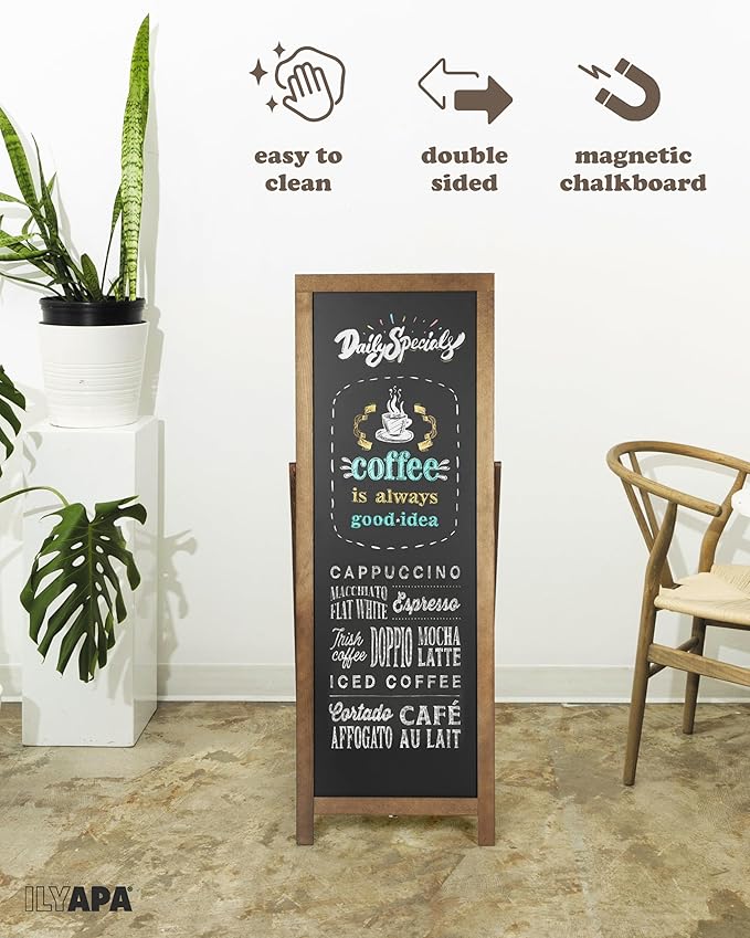 Ilyapa Chalk Board Sign Board 46" x 18" Brown Large Reversible Chalkboard Signs Outdoor Menu Boards for Restaurant, A-Frame Sandwich Sidewalk Signs for Businesses, Food Truck Party or Wedding