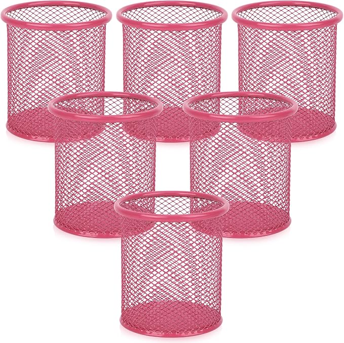 Segarty Pen Cup, 6 Pack Cute Dark Pink Pen Holder, Round Mesh Pencil Holder for Desk, Desktop Accessories Organizer for Office Supply, School, Home Storage, Makeup Brush Organization