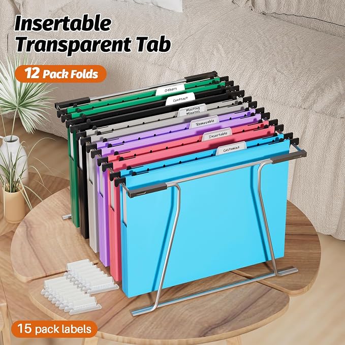 SHUTEX Hanging File Folders Letter Size, 12 Pack File Folders Hanging with Tabs, File Cabinet Folder, 1 Inch Plastic Filing Folders Hanging Expandable for Bulk Files/Medical Charts, Assorted Colors