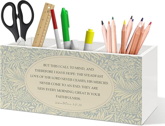 Christian Bible Verse Floral Pen Holder, Christian Gifts Office Pen Pencil Holder Organizer for Desk Accessories, Cottagecore Botanical Wooden Box Desk Decor for Home Office Desk Decorations