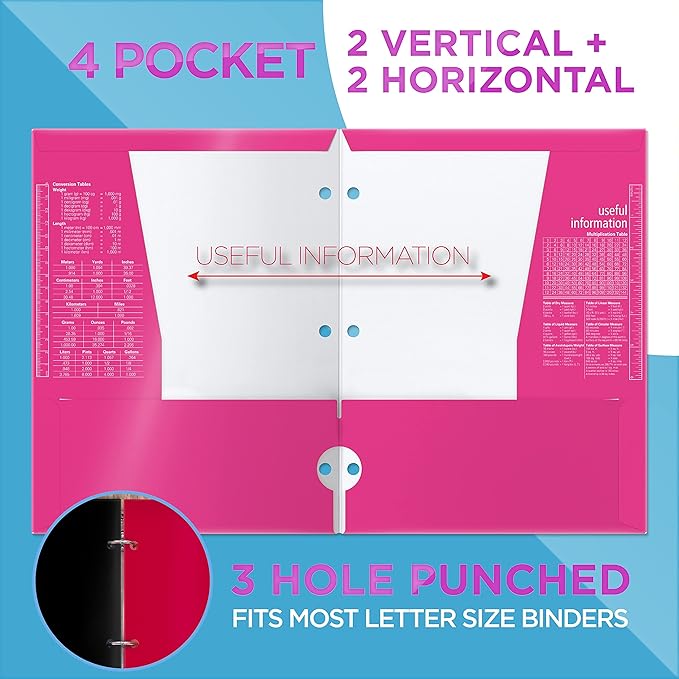 Better Office Products 4 Pocket Glossy Laminated Paper Folders (12 Pack), 3 Hole Punch Portfolios, Assorted Bright and Primary Colors,