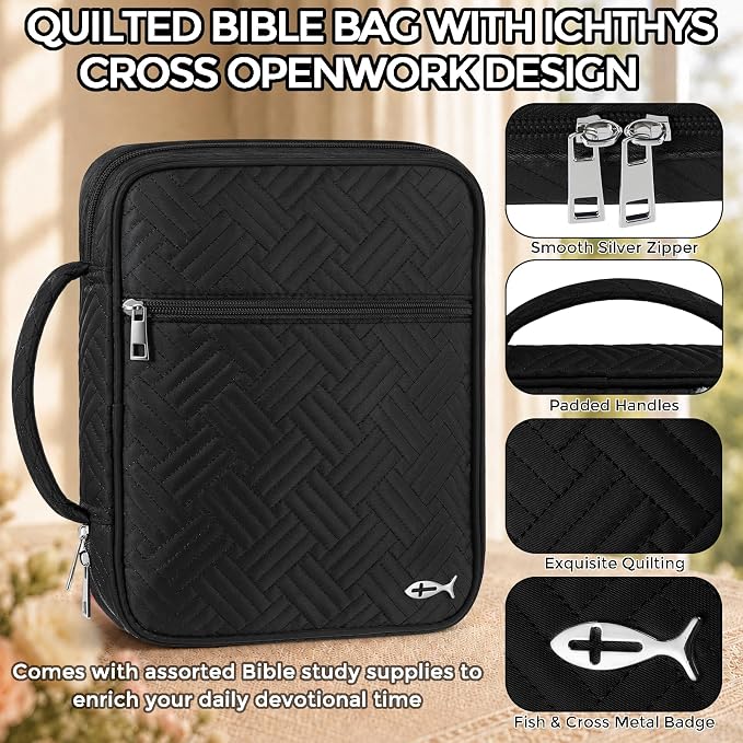 XKDOUS Bible Cover Case for Women, Large Bible Cover with Durable Handle, Washable Quilted Bible Case, Bible Study Supplies & Christian Gifts for Mom, Women, Men (Black)
