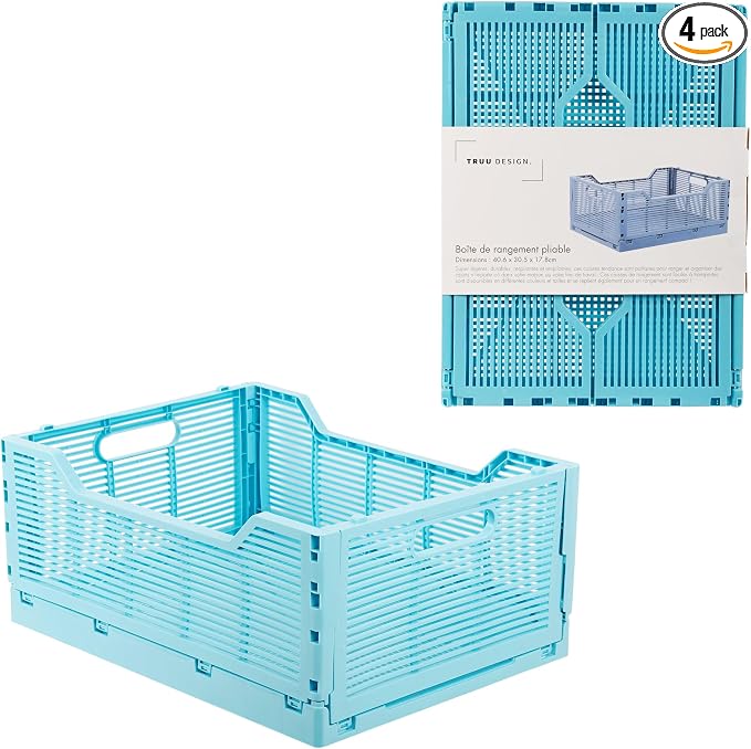 CTG Truu Design Folding Plastic Crates, 40.6 x 30.5 x 17.8cm, Sky Blue, 1Pack, Stackable Collapsible Storage Baskets Organizer for Home Office and Outdoor