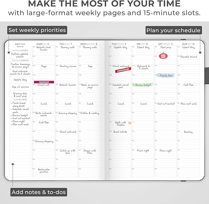 Clever Fox Appointment Book Dated Jan 2026-Jan 2027 – Hourly Schedule Planner with 15-Minute Increments – Time Box Planner for Daily Work & To-Dos – Hardcover, 8.3x11″ (Silver Black)