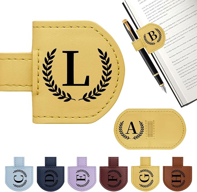 Personalized Magnetic Bookmark Pen Holder, Leather Book Marks for Reading Women& Men, Engraving 26 Letters Name Initial Bookmarks with Pencil Pen Holder, Gift for Book Lovers, Readers (Yellow, L)