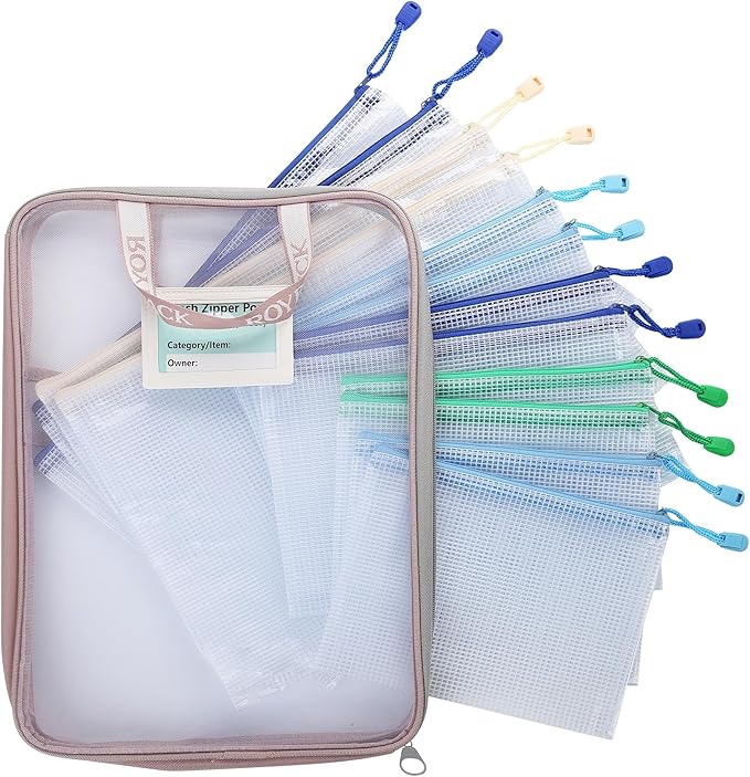 12-Pack Mesh Zipper Pouch Set with 1 Organizer Bag, 3 Sizes (A4, A5, B6) Clear Waterproof File Bags for Travel Organization, Journaling & School Office Supplies (13pcs)