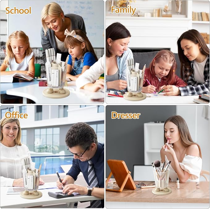 360°Rotating Pen Holder Desk Organizer - 4 Compartments Removable of Marker Holder Organizer Aesthetic Desk Decor,Suitable for Decorating And Organizing At Home, Office And School(Transparent&White)