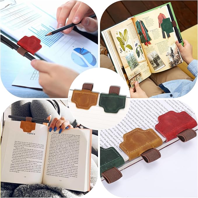Palksky Bygone Mark Bookmark with Pen Holder, 3PCS Genuine Leather Magnetic Bookmarks, Vintage Book Mark Clips for Reading Women Teachers Students, Reading Accessories, Book Lovers Gifts