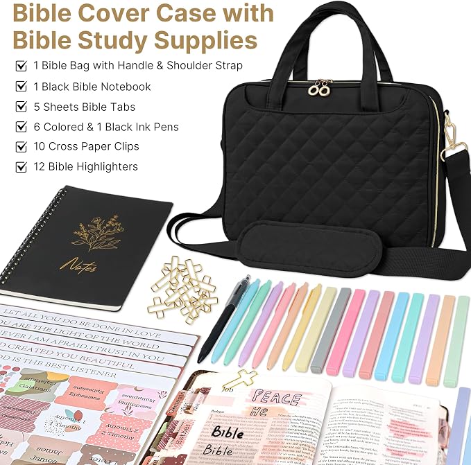 PUGPIU Bible Cover Case for Women, Large Quilted Bible Bag with Shoulder Strap and Handle, Bible Study Supplies Journaling Kit with Highlighters Pens No Bleed Tabs Notebook Cross Clips, Black