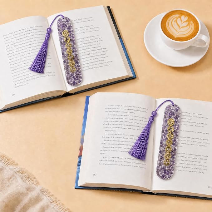 Fantasy Vintage Bookmark Gifts - Amethyst 7 Chakra Healing Crystals Resin Bookmarks for Women Men Book Lovers Beaded Tassels Page Marks Reading Accessories Bookish Birthday Graduation Gift