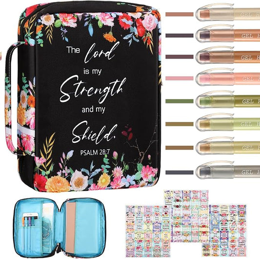 Yaomiao Bible Cover Case for Women Girls Large Bible Bag with Flowers Printing Carrying Case with Handle, 8 Pens, 90 Tabs Cover Bag Portable with Bookmarks for Study Christian Gift(Classic Style)