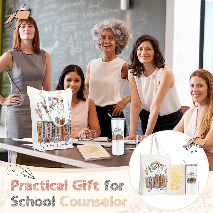 Fuutreo 3 Pcs School Counselor Must Have Appreciation Gift for Women Include 20 oz Stainless Steel Tumbler Cup Canvas Tote Bag Leather Journal Thank You Gifts for Educator Teacher, School Counselor