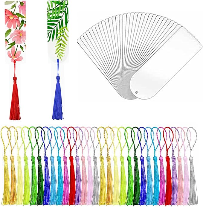 30PCS Acrylic Bookmark Blanks, Clear Acrylic Craft Bookmarks with 30PCS Colorful Tassels, Transparent Rectangle Round Bookmarks Bulk for DIY Crafts Hanging Tag Gift Tag Price Tags- Semicircle