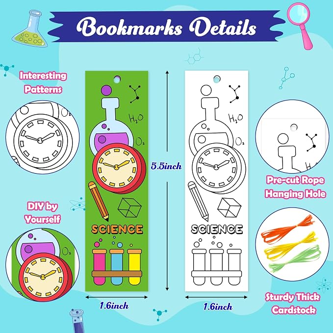 72Pcs Science Color Your Own Bookmarks for Kids Funny Chemistry lab Astronaut DIY Coloring Blank Book Marker for Teacher Student Classroom Reading Club Art Craft Supplies Party Reward Goodie Fillers