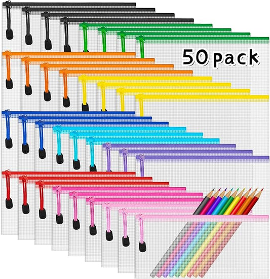 IKAYAS Mesh Pencil Bags with Zipper, Bulk Document Bags, 50 Pack, 10 Colors, School and Office Supplies