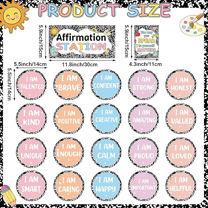 22 PCS Composition Notebook Affirmation Station Bulletin Board Affirmation Station Cards Positive Mirror Growth Mindset Decorations Inspirational Posters for Back to School Classroom Decor