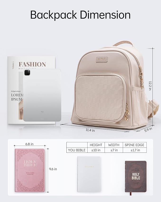 Premium Bible Backpack Set for Women - Stylish Checkered PU Leather Bible Bag with 72 Bible Tabs, 4 Highlighters & 2 Pens - Ideal for Church, Study & Travel