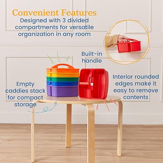 ECR4Kids 3-Compartment Small Plastic Caddy, Multipurpose Organization, Primary, 6-Pack