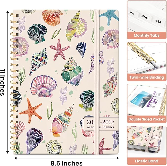 Planner 2026–2027, Academic Year Monthly & Weekly Calendar Book, Jul 2026–Jun 2027, Hardcover Organizer with Tabs, Student & Teacher Planner, 8.5" x 11", Sea Shell