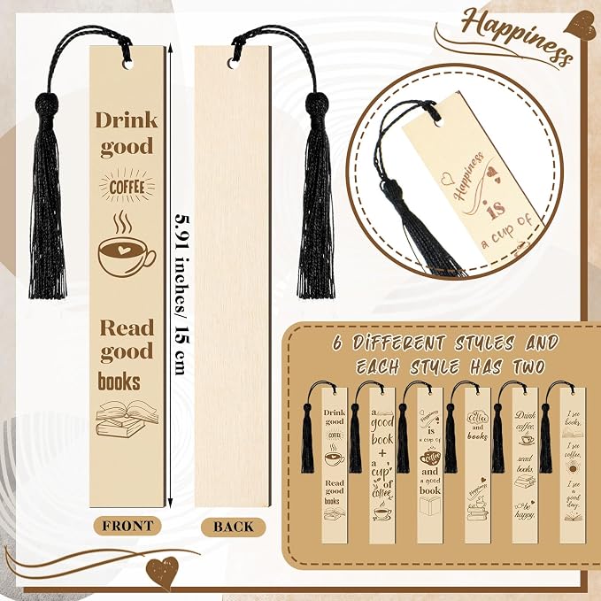 Colarr 12 Pcs Wood Bookmarks for Woman Book Club Gift for Book Worms Books Lovers Bookmarks Bulk with Tassels for Reading Party Favors Books Exchange Club Men & Women Friends(Coffee)