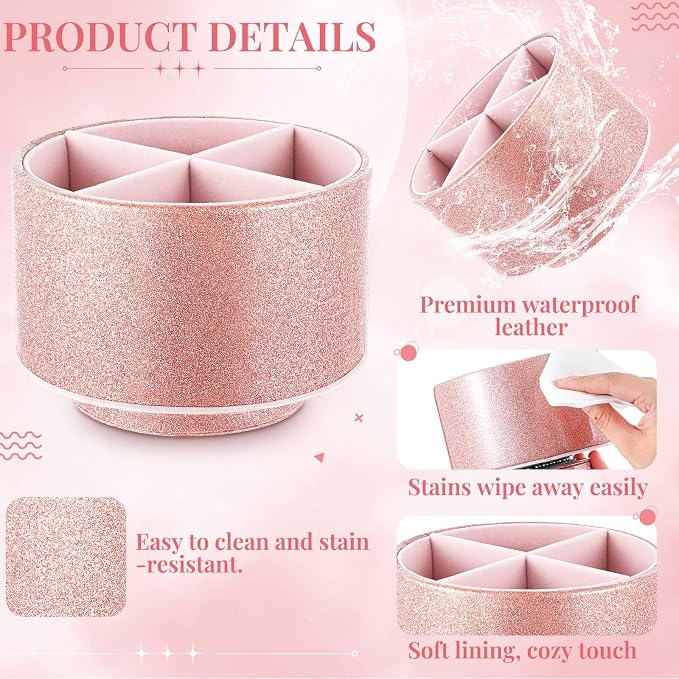 Epakh PU Leather Glitter Pen Holder 360 Degree Spinning Rose Gold Bling Pencil Cup Women Girls Makeup Brush Organizer Cup Gift for Teacher Desk Office Classroom Home Back to School Festival (6 Inch)