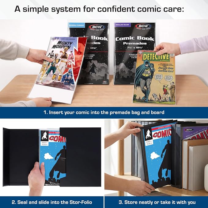BCW Comic Book StorFolio Kit – Includes Magnetic Comic StorFolio + 50 Current Premade® Resealable Comic Book Bags and Boards | Comic Book Carrying Case & Storage Organizer