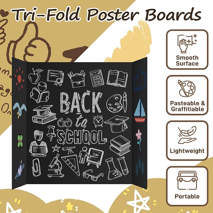 PSHVYM 12 Pcs Black Trifold Poster Board, 21.5 x 14 inches Poster Board with Double Sided Tapes and Cardboard, Corrugated Presentation/Display Board for School Project, Science Fair, Business